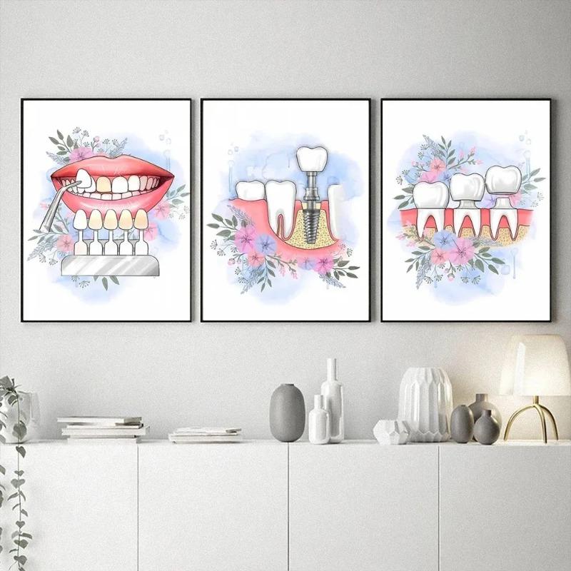 Abstract Watercolor Teeth Anatomy Flower Posters and Prints Dentist Wall Art Pictures Canvas Painting for Clinic Home Decoration