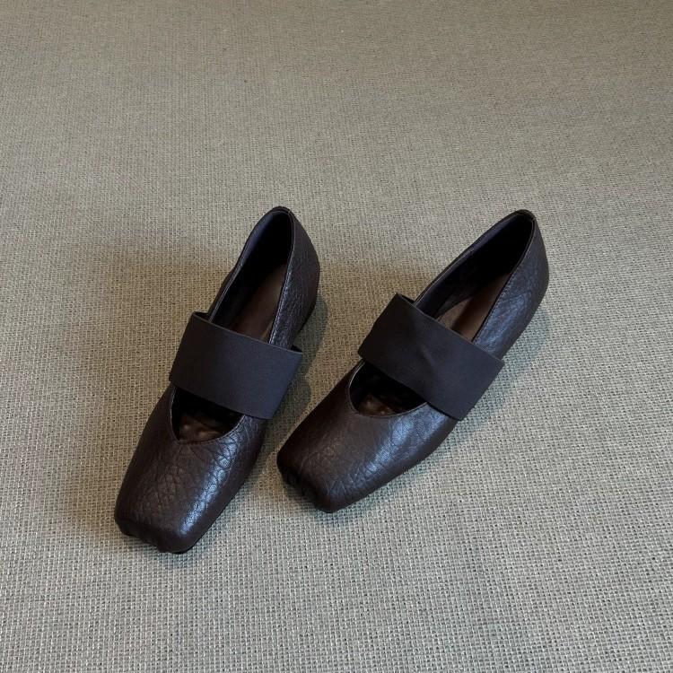Sheepskin version~ Leather square head elastic band Mary Jane shoes women's 2025 new fashionable versatile shallow mouth flat-soled single shoes
