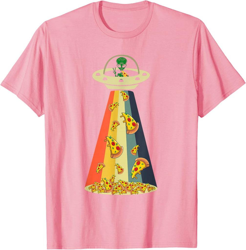 Pizza UFO Alien Abduction Graphic Retro Rainbow Light T-Shirt Funny Casual Cotton Tee