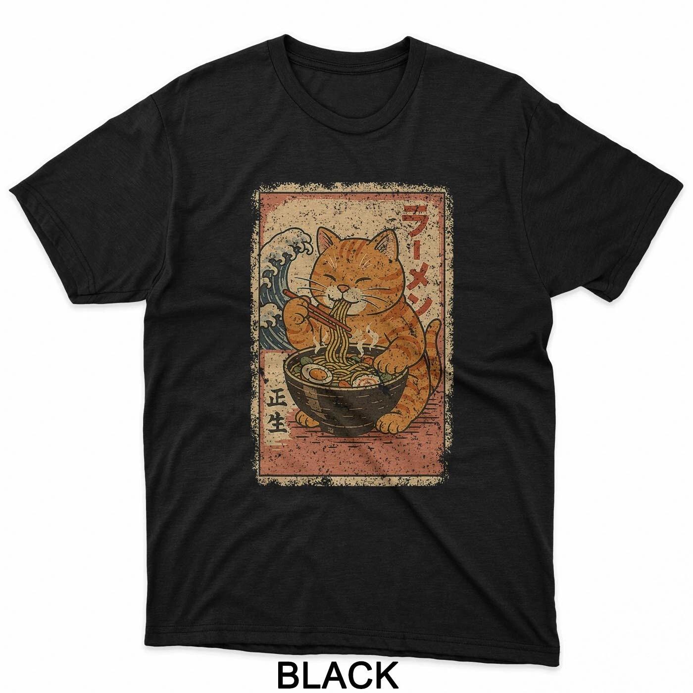 Orange Tabby Cat Eats Ramen Noodles Japanese Vintage T-Shirt S