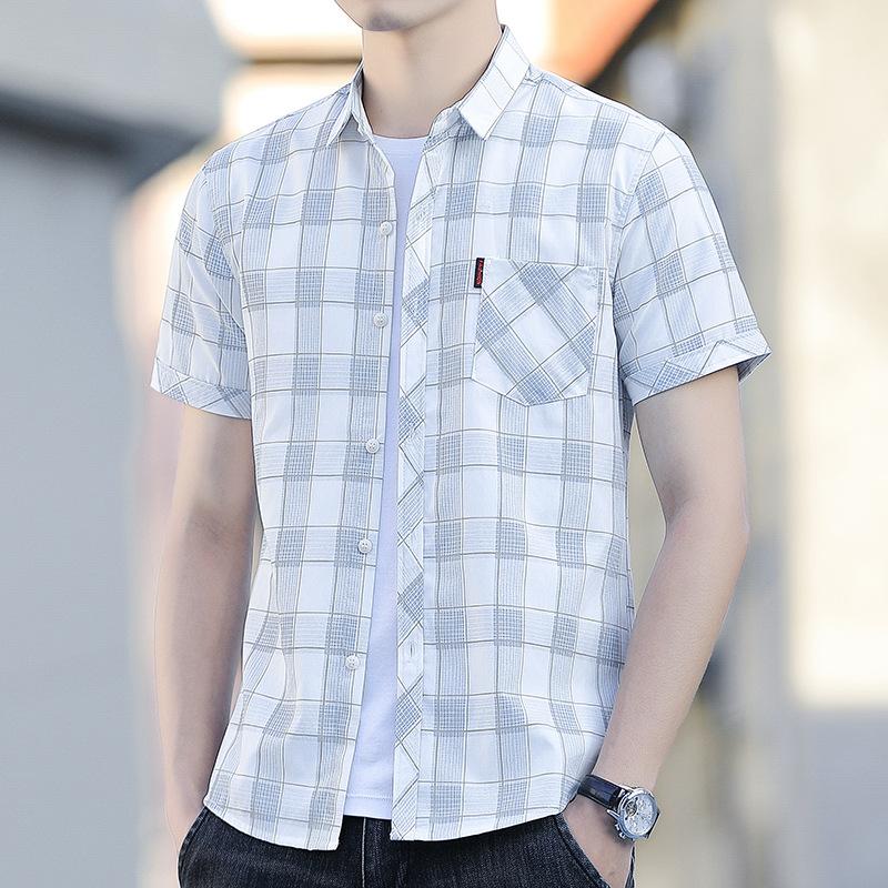 Letní nová košile s krátkým rukávem pánská s kapsami trendová nežehlivá ležérní košile pánská kostkovaná palcová košile tide
