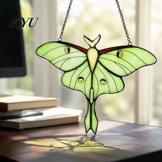 Green Insect Window Hanging Stained Glass Style Hanging, Acrylic Moth Suncatcher, Decorative Pendant with Transparent Art Metal Chain, Ornament