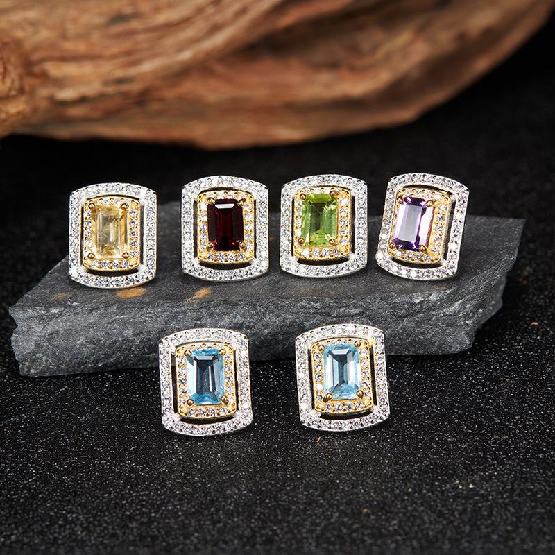 Niche High-End Sense S925 Sterling Silver Natural Gemstone Colored Treasure Stud Earrings Color Separation Does Not Fade Jewelry