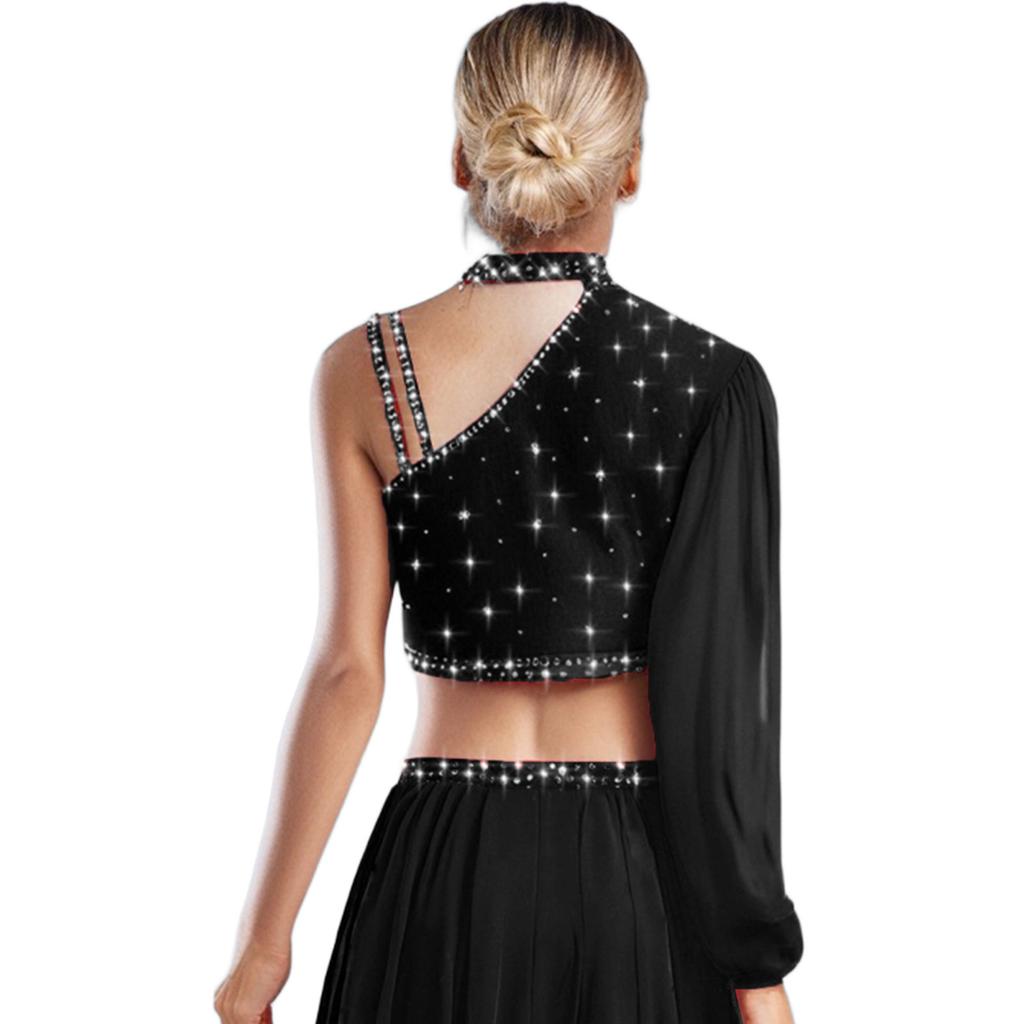 Damen Zeitgenössischer Tanz Top Asymmetrisch Transparentes Mesh Langarm Buntes Strass Crop Top