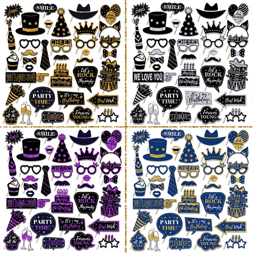 36pcs Happy Birthday Party Photo Booth Props Shimmer Powder Funny Glasses Lips Hat DIY Photo Shoot Prop Photobooth Accessories