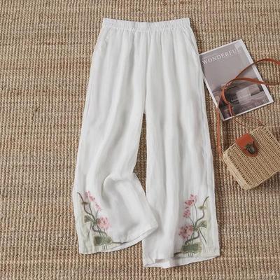Women's Retro Embroidered Wide-Leg Pants - High Waist, Breathable, Chinese Style