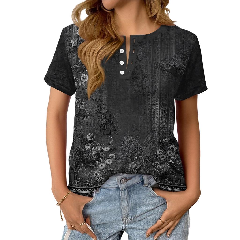 Damska Modna Casualowa Letnia Retro Nadruk Dekolt V Guziki Krótki Rękaw Góra