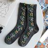 1 par middels lange, varme sokker til kvinner, med blomstermønster og etnisk trykk, crew socks for høst og vinter