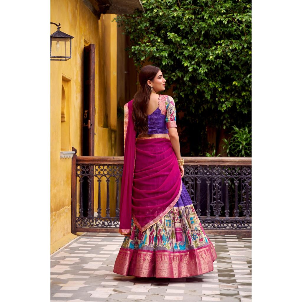 Step into timeless elegance with this Poly Chanderi lehenga, designed with delicate Zari stripes and enhanced