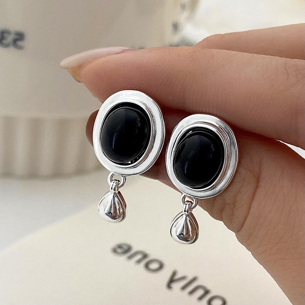 Punk Geometric Drop Big Stud Earrings For Women Rock Oval Black Stone Color Simple Ins Cool Party Jewelry Gift