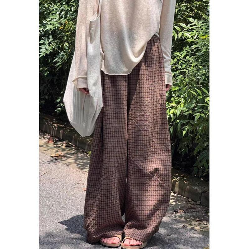 Retro Plaid Wide Leg Pants Women High Waist Loose Casual Trousers