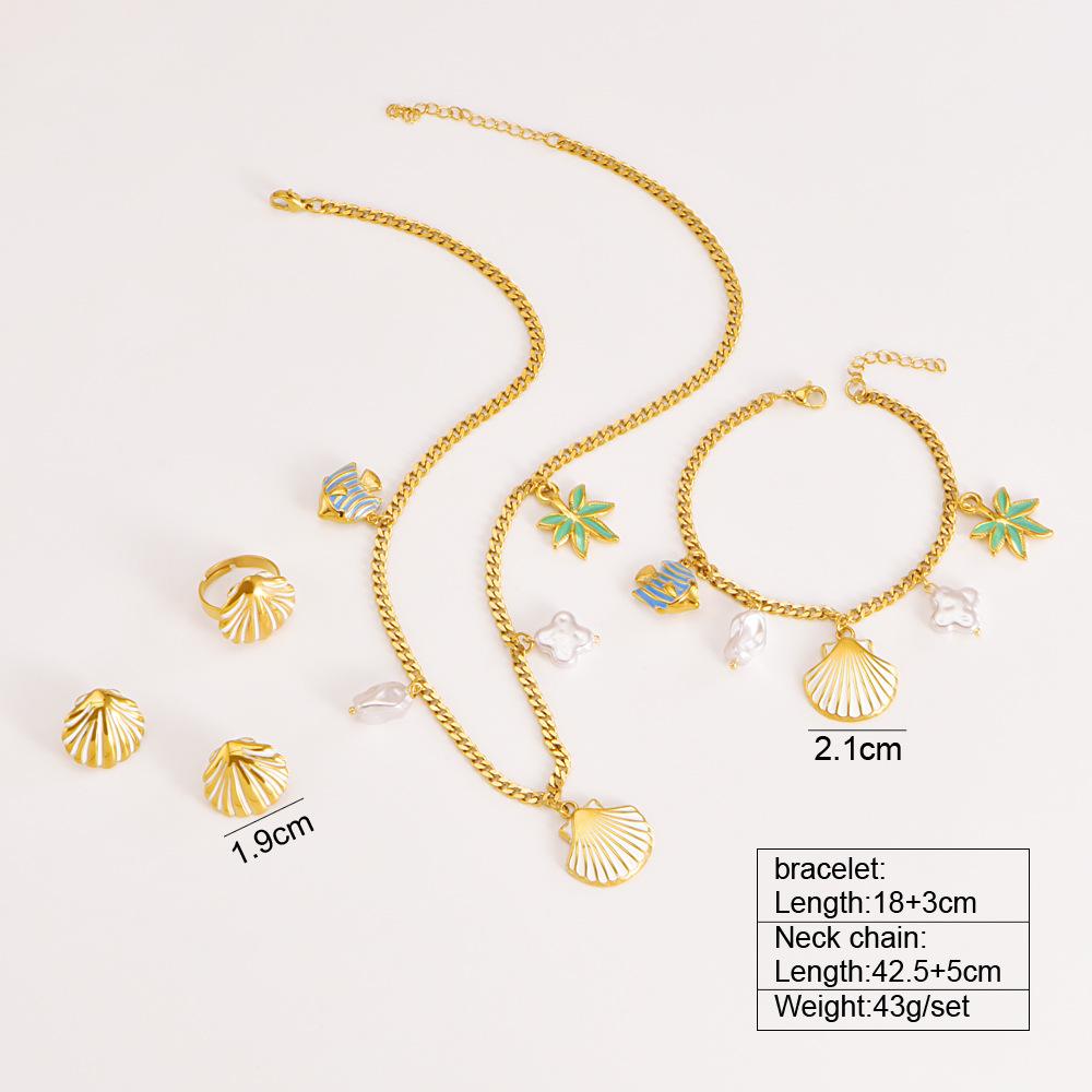 OAHLAN Ocean Series Colorful Scallop Starfish Pearl Sweater Chain 18k Gold Plated Stainless Steel Earrings Bracelet Necklace Set