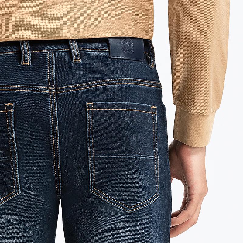 Langdeng Men's Thick Brushed Sapphire Blue Straight-Leg Jeans