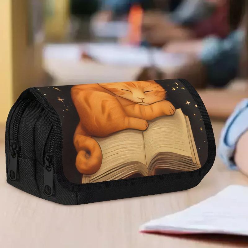 1pc Double Layer Flip Pencil Case - Orange Cat Napping On a Book Under Starry Sky, Large Capacity, Portable Polyester Pen Storage Bag with Zipper Clos
