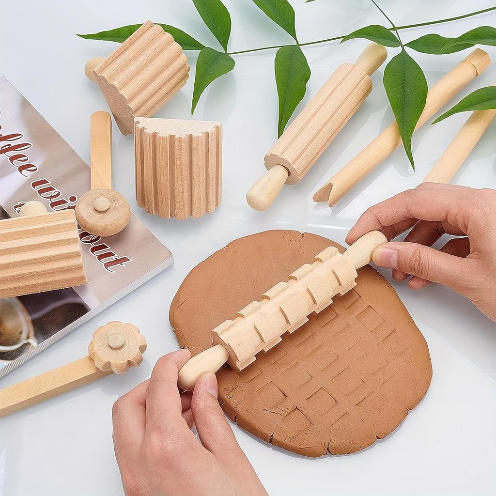 12pcs Wooden Clay & Dough Tool Set - Includes Roller, Hammer, Stamps In Various Shapes for DIY Pottery & Crafts - PVC-Free, Perfect for Art Projects