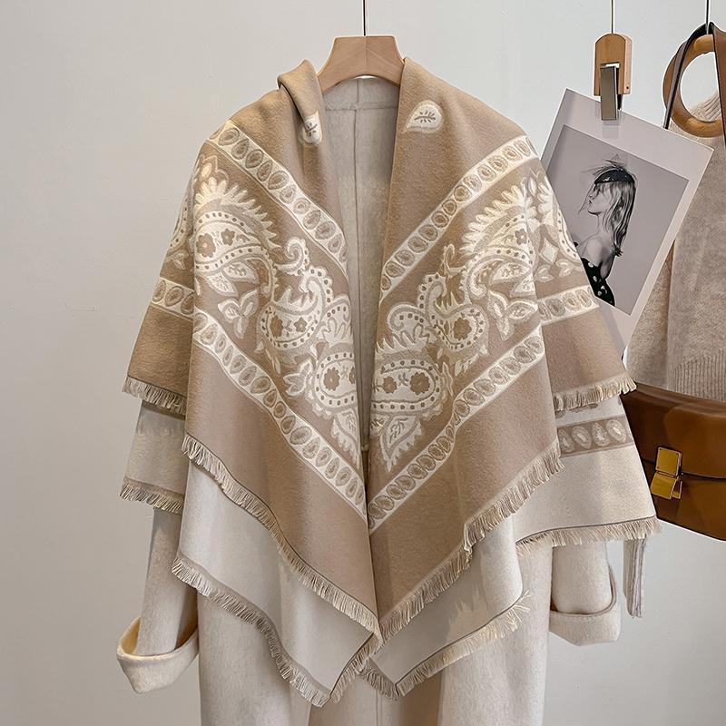 Fashion  Women'S Faux Cashmere Winter Shawl Vintage Print Tassels Thick Warm Pashmina Two-Sided Outdoor Scarf Wraps Foulard