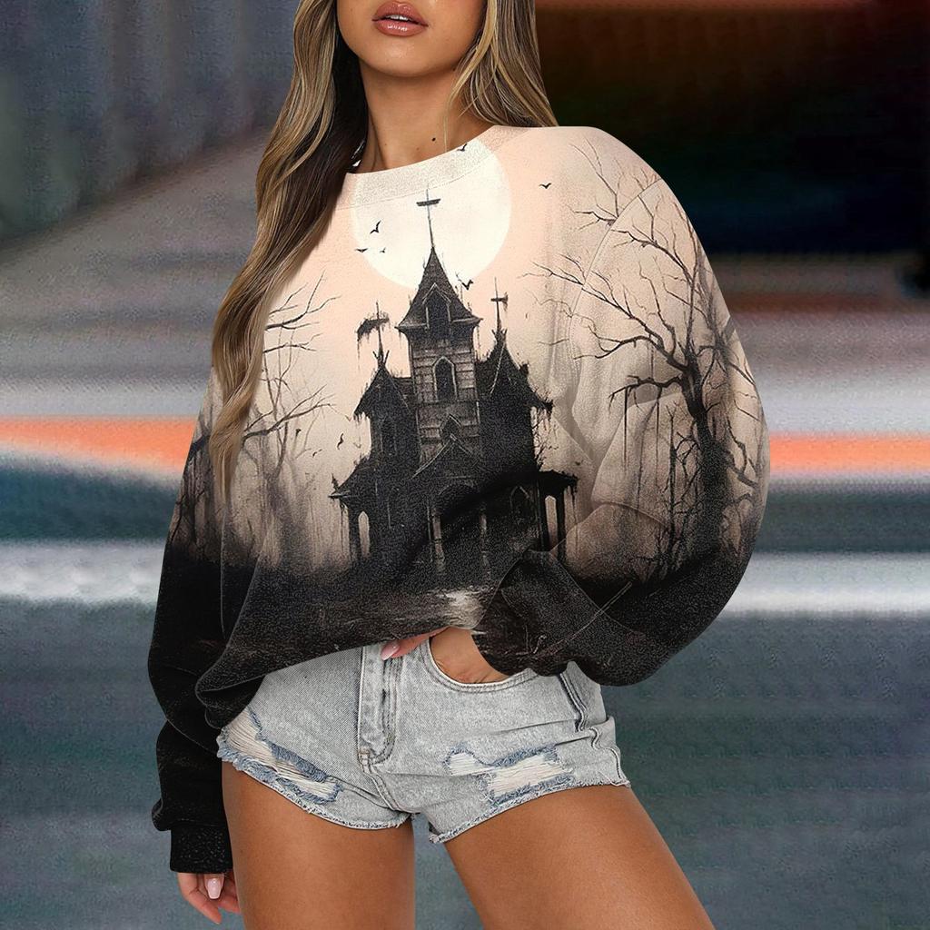 Women's Casual Fashion Printed Long Sleeved Knitted Sportswear Top, Loose Fit Halloween