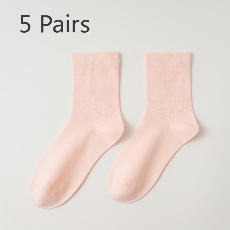5 Pairs Mid-calf Socks Spring and Summer Cotton Pop Monthly Socks Anti-pilling Boneless Socks Women Dopamine Coloured White Student Socks