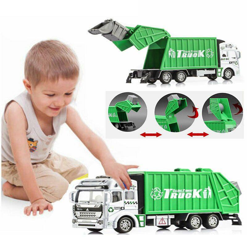 Colorful Diecast Garbage Truck Toy With Trash Bin For Kids Boys Xmas Gift