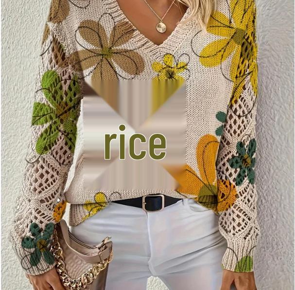 Elegant Bohemian Floral V-Neck Long Sleeve Sweater Pullover
