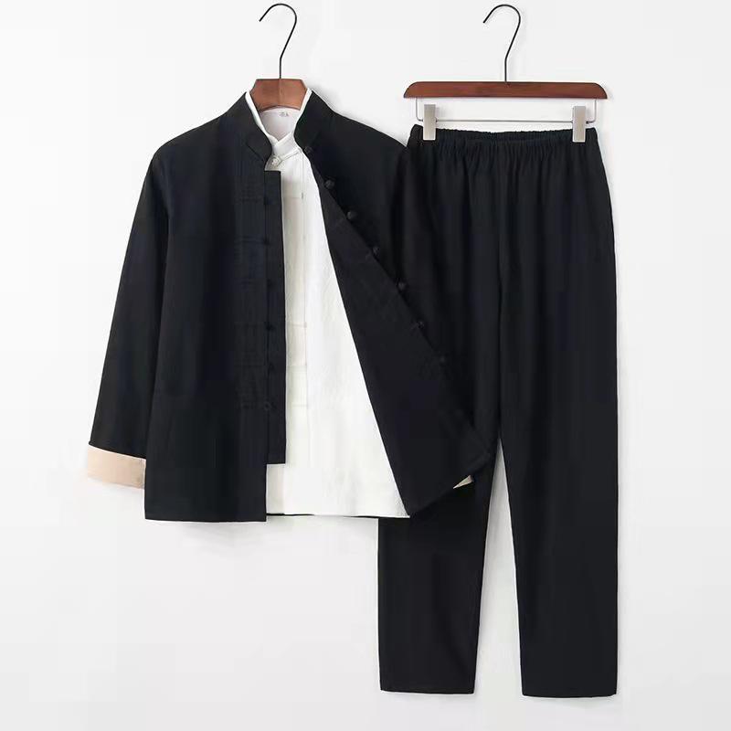 Men's Cotton Linen Three-Piece Tang Suit: Chinese Style Frog Button Hanfu, Retro Lay Buddhist Robe, Tea Attire