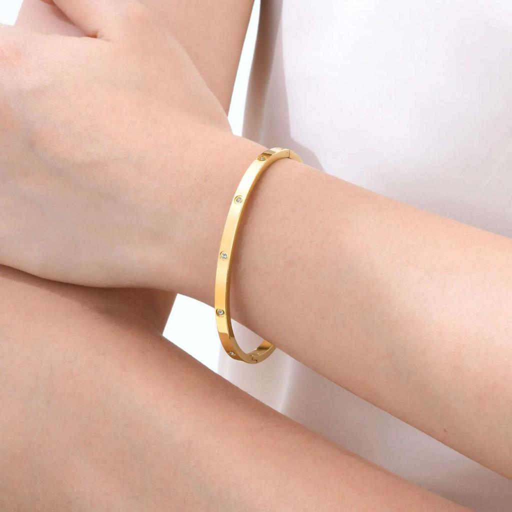 Prjewel Waterproof Luxury Bangles Round Zircon for Women Stainless Steel Wrist Brackets Hand Jewelry Mother's Day Gift
