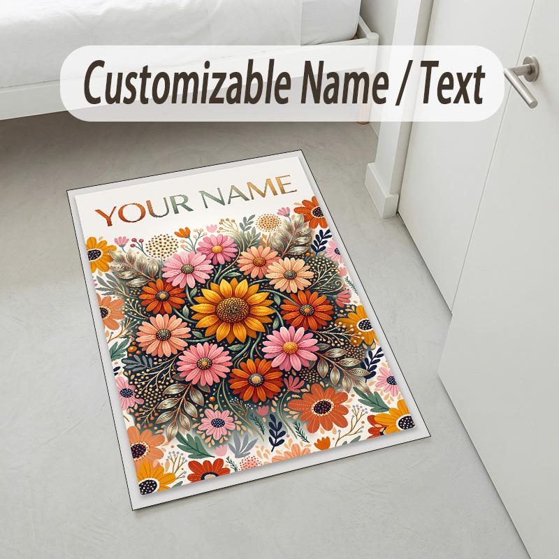 Floral Artwork Theme Soft Crystal Velvet Rug Custom Name & Text Print Non Slip Floor Rug for Bedroom Living Room
