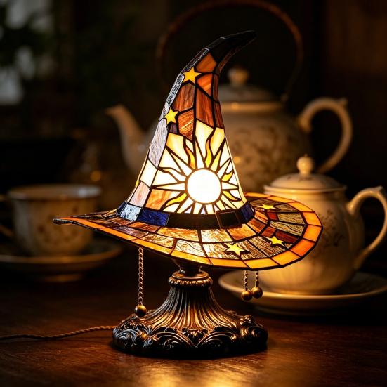 Stained Glass Style Witch Hat Lamp, USB Powered Resin Wizard Hat Night Light with Sun Star, Gothic Halloween Table Lamp for Bedroom Bookshelf Mantel