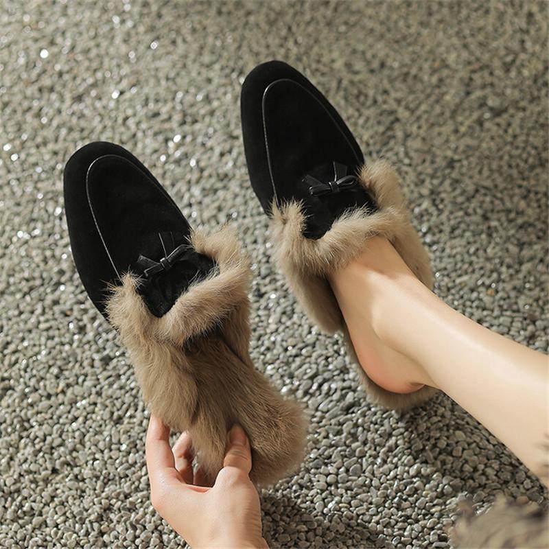 Fashion 2025 Winter Sheep Suede Women Shoes Rabbit Hair Mules Shoes for Women Round Toe Slippers Chunky Heel Cover Toe Slippers Shoes