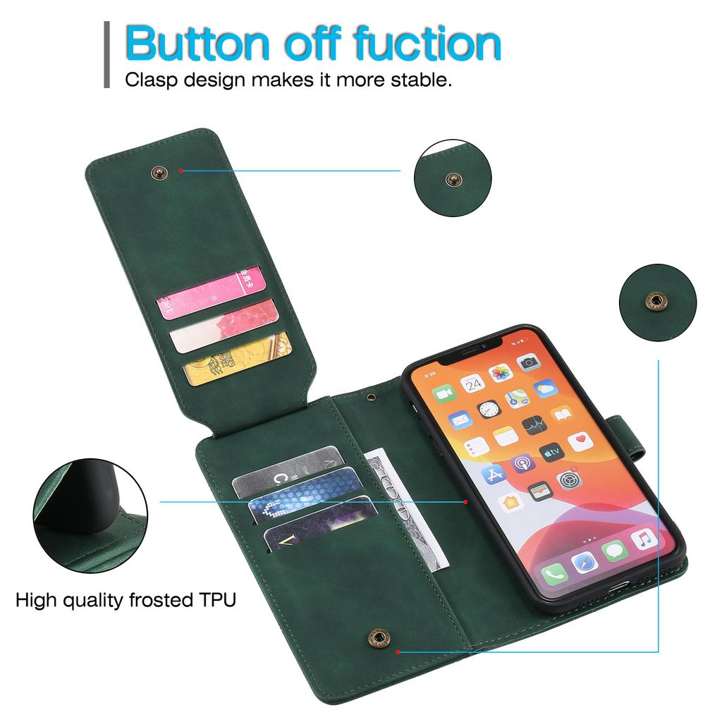 Applicable to iPhone16 mobile phone leather case 15Pro skin matte solid color nine-card wallet protective case Samsung S25