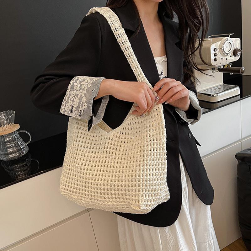 Neue Süße Häkel-Schultertasche Freizeit Strand Hohlstrick Handtasche Damen Einfarbige Gewebte Tragetasche Für Reisen