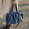 Vintage Denim Shoulder Bag Large Capacity Multi-pocket Travel Storage Tote Women Wide Shoulder Strap Rivet Design Crossbody Bag