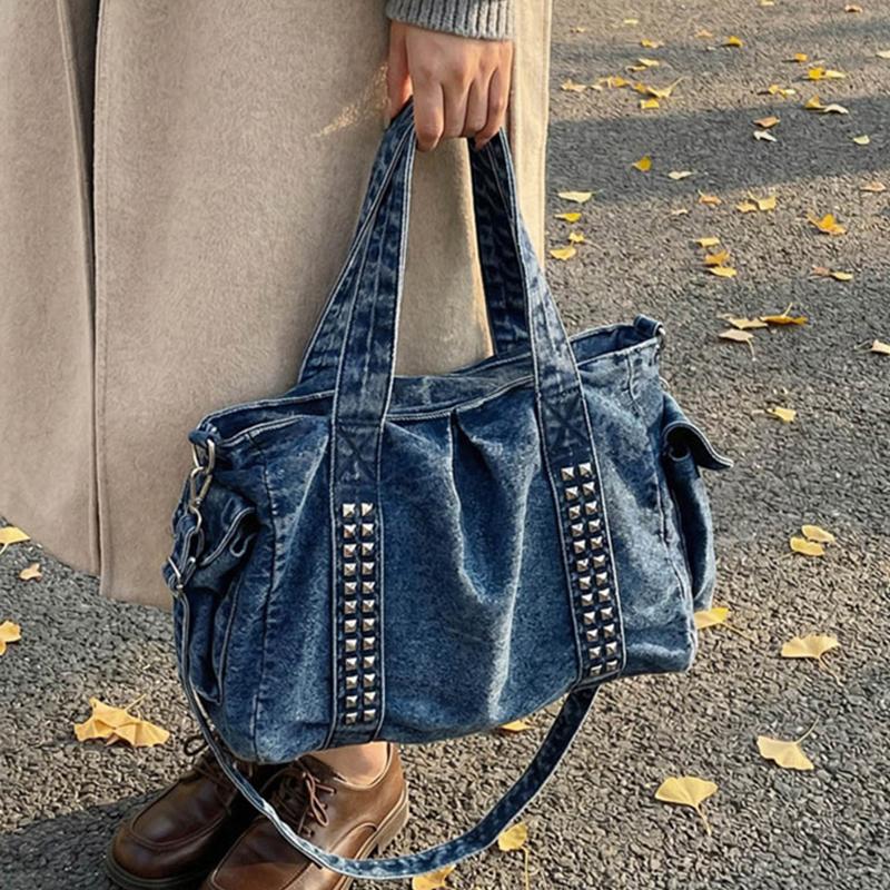 Vintage Denim Shoulder Bag Large Capacity Multi-pocket Travel Storage Tote Women Wide Shoulder Strap Rivet Design Crossbody Bag