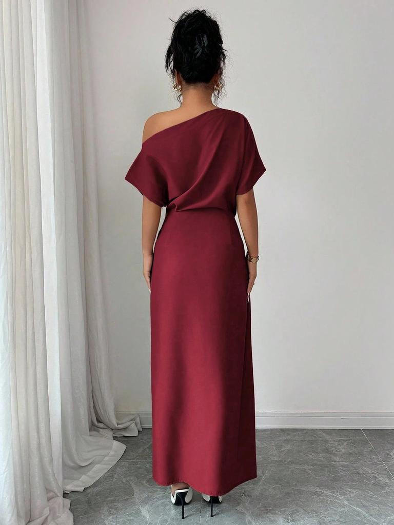 Summer Off-Shoulder Dress for Women, Solid Color Split Elegant Slim Fit Bodycon Maxi Dress