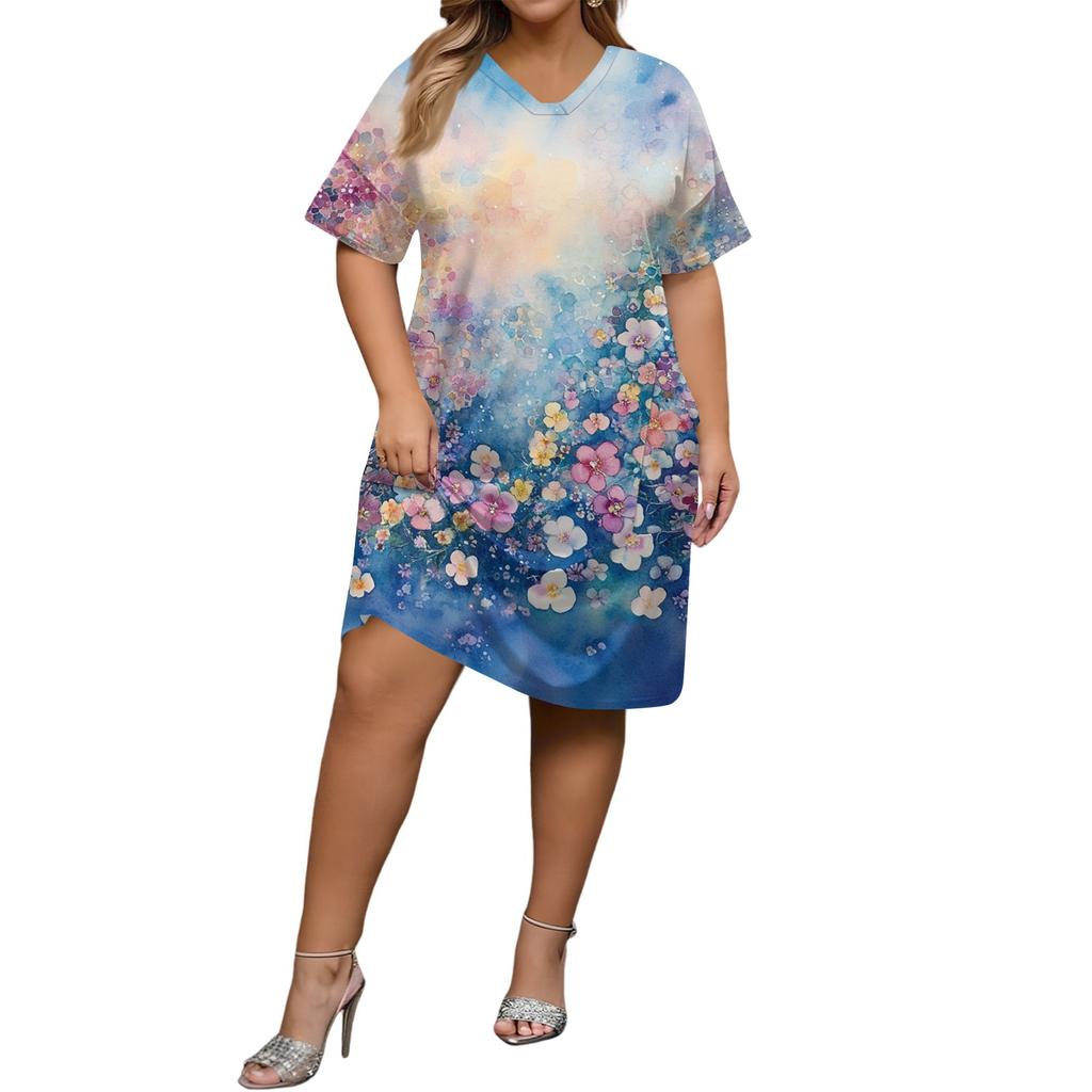 Summer Plus Size V Neck Short Sleeve Knee Pocket Print Casual Dress For Women