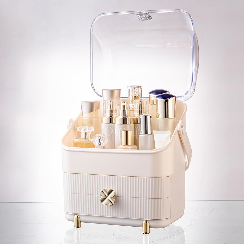 3 Tiers Makeup Organizer Holder Cosmetic Storage Box with Dust Free Cover Portable Handle 2 Rroomy Drawers