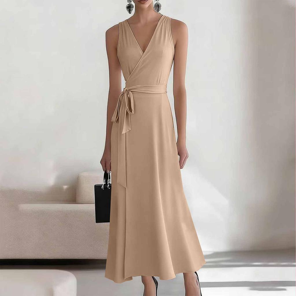 Women's Fashionable Color V-neck Lace Sleeveless Long Casual Dress