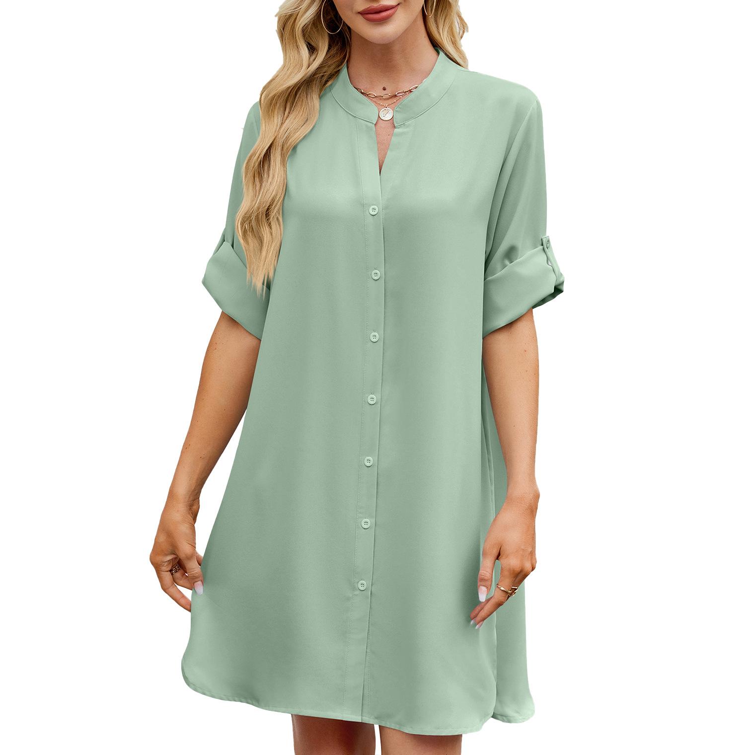 European Style Spring and Summer V-Neck Blouse Button Maxi Dress Women M