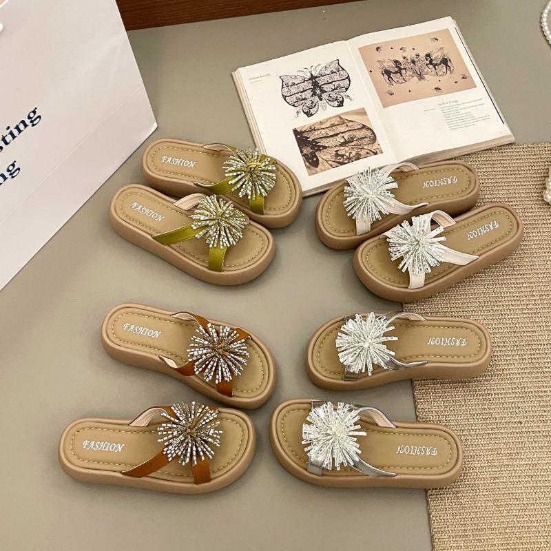 Self-kept version, Korean version of fireworks, rhinestone cool slippers, women's beautiful toe slippers, new flip-flops