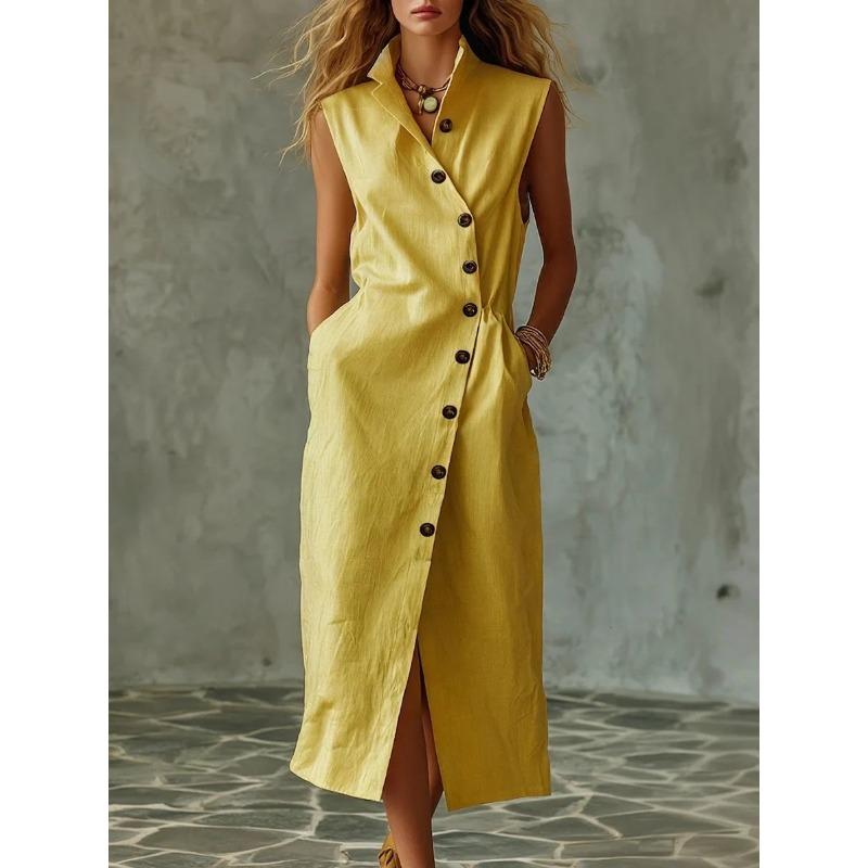 QICED Fashion Summer Spring Solid Color Print Sleeveless Casual Dresses