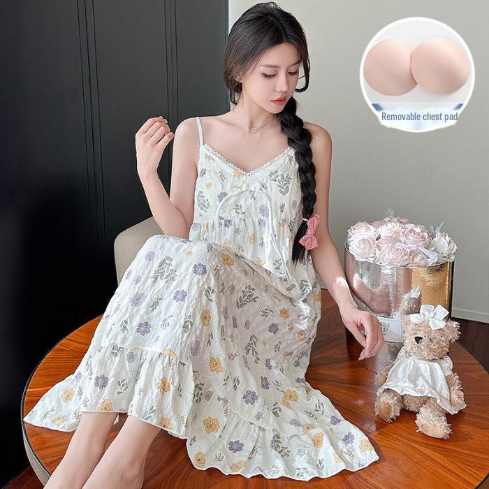 

Летняя корейская ночная рубашка из тканого крепа с нагрудными подушечками - милая, тонкая, из чистого хлопка для женщин Double Extra Large (XXL)