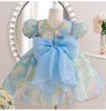 Mädchenkleid Sommer Neu Koreanisch Prinzessin Mesh Perle Rundhals Große Schleife Puffärmel Flauschiges Kleid Kinderkleidung Mädchen