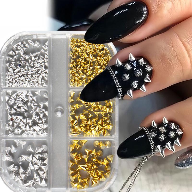 6 Grids Punk Rock Mini Metal Rivet Nail Charms Cone Mixed Sized Nail Art Studs 3D Stylish Spike Nail Decor Diy Manicure Supplies