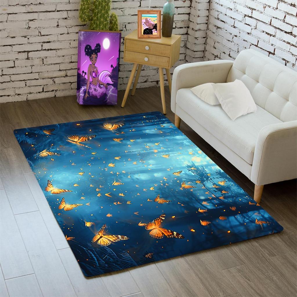 Butterfly Rug for Girls Bedroom - Floral Rugs for Living Room Dinning Room Butterfly Carpet Beautiful Flower Carpet Floor Mats