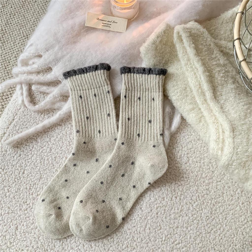 Women's Mid-Calf Polka Dot Warm Wool Socks - Gray, Thick, and Versatile for Winter