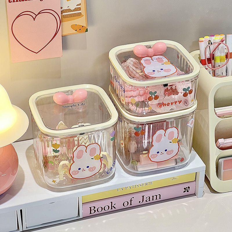 Kawaii Hair Accessories Desktop Transparent Storage Box Organizer with Lid Kids Girl Hairpin Storage Large Capacity Jewelry Box
