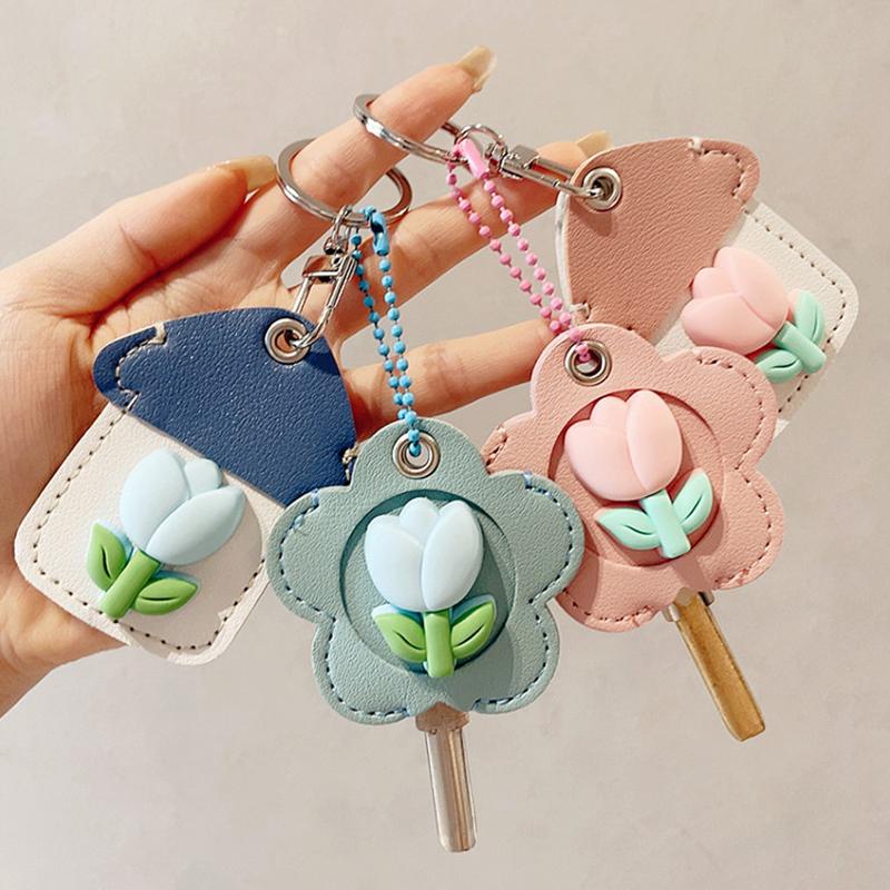 2PCS/Set Keyrings Convenient 3D Tulip Design Accessories Keychain Cute Access Card Holder Multi-Functional Multicolor