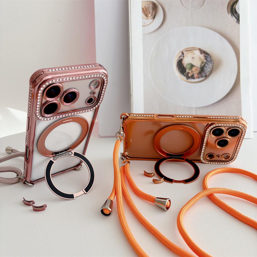 Crossbody Lanyard Electroplated Rotating Stand Magnetic Phone Case for IPhone Air 17 16 Plus 15 14 13 Pro Max for Magsafe Cover