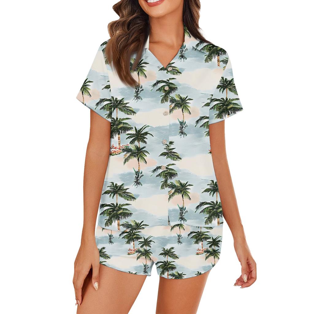 Women's Ice Silk Pajamas Button Homewear Hawaiian Print Short Sleeve Satin Pajama Set
