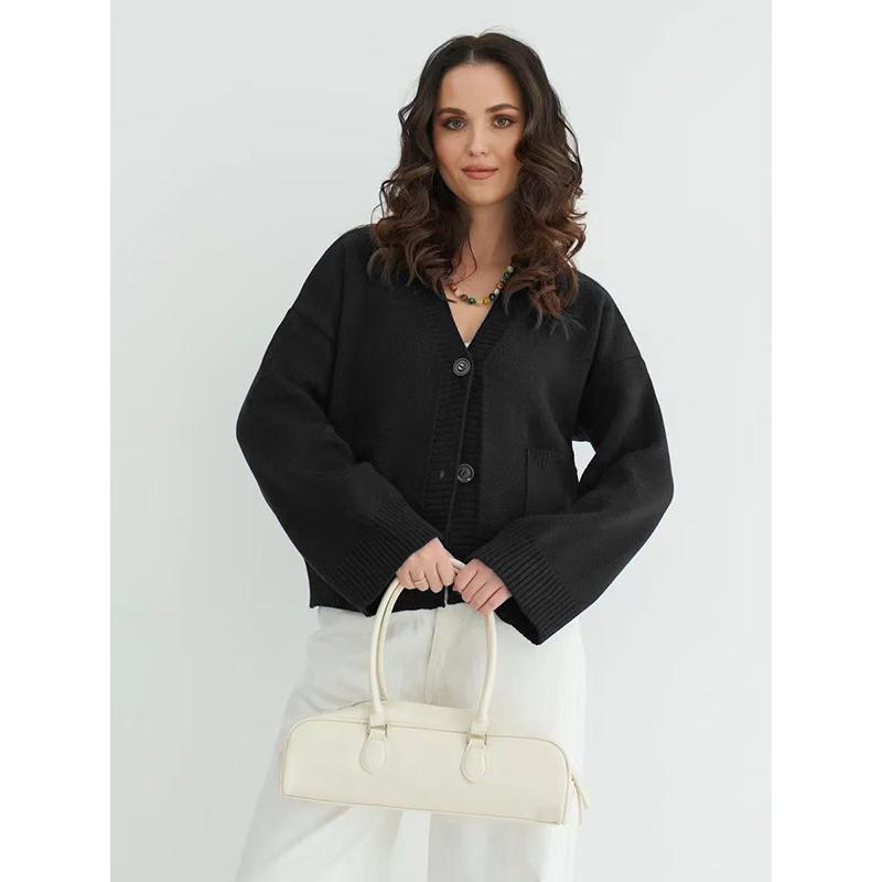 

Women Sweaters Cardigan Knitted V Neck Full Sleeve Jumpers Streetwear Elegant Knit Casual Loose Coat Autumn Winter S чёрный